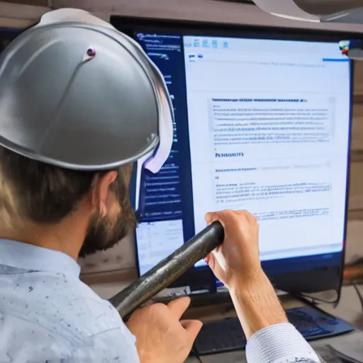 Prompt: a discord moderator holding a big hammer and looking at a screen