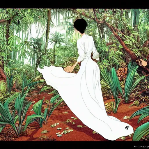 Image similar to elegant woman, white dress, dense jungle, trees, huge flowers, risograph!, omnious, dark, oldschool vintage sci - fi flat surreal design, super - detailed, painting by moebius and satoshi kon and jodorowski and katsuhiro otomo and kim jung gi, hd, 4 k, high quality