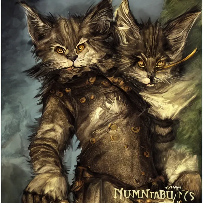 Image similar to khajit tabaxi catfolk humanoid with maine coon features and black fur holding two shortswords cloaked in shadow and wearing leather armor, dungeons and dragons, pure white background, scar on face on left eye, eyepatch on left eye, fantasy, tarot card style, character concept, high detail, hyper realistic