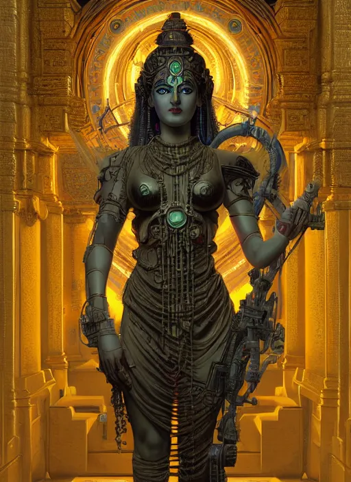 Image similar to cybertronic shiva statue in a hindu temple, futuristic, neal ashermiles johnston kuroda realism ozabu john william godward, painterly, yoshitak, sci - fi, cyberpunk, artstation, conceptual, hyperdetailed, donato giancola, james gurney, neon lights, mood lighting, rust