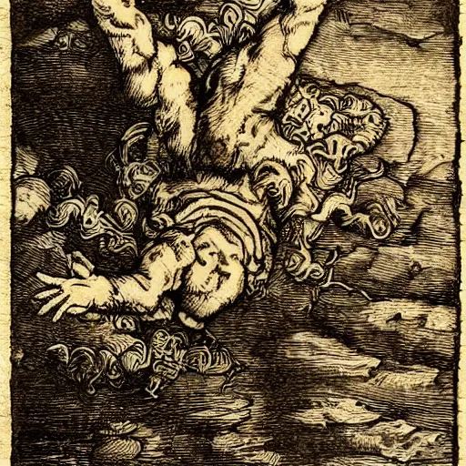 Prompt: Garfield falling from heaven after his banishment, dramatic lighting, woodcut, by Albrecht Durer, by Gustav Dore, trending on artstation