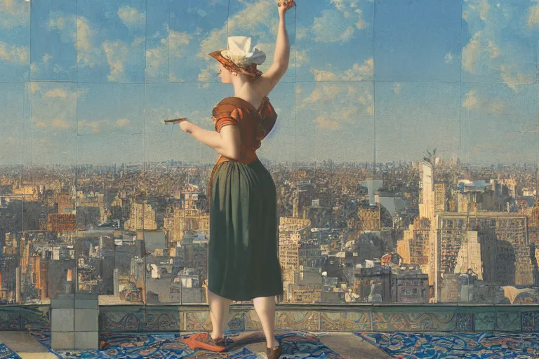 Image similar to painting of a lady, in a rooftop, watching new york, beautiful, sunset, romantic, by ludwig deutsch and maxfield parrish, patterned tilework, extremely detailed, cinematic lighting, smooth sharp focus