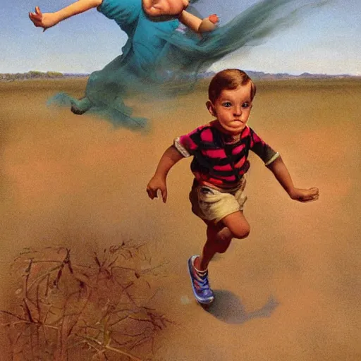 Image similar to a running child turning into vapor, mist, smoke, scissors in hand, a detailed matter painting by John Philip Falter