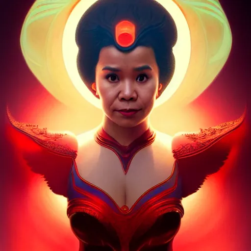 Image similar to lea salonga as darna, wax figure, glowing eyes, volumetric lights, red and cyan theme, art nouveau botanicals, intricate, highly detailed, digital painting, artstation, concept art, smooth, sharp focus, cinematic, illustration, beautiful face, art by artgerm and greg rutkowski and alphonse mucha