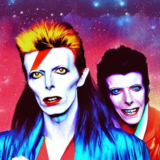 Image similar to david bowie from labyrinth getting a piggy back ride from ziggy stardust, digital art, glam rock. pop art background.