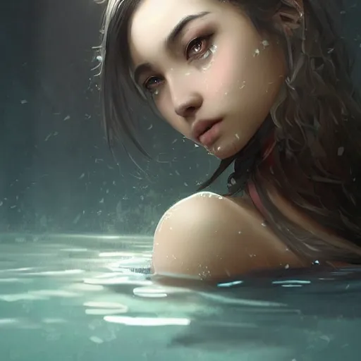Prompt: a seductive look asia girl standing in a water pool, beautiful eyes, digital illustration, fantasy, art, amazing detail, in the style of greg rutkowski