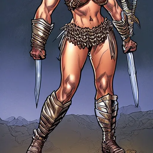 Image similar to Amazon warrior with a six-pack and heavy armor, drawn by J. Scott Campbell