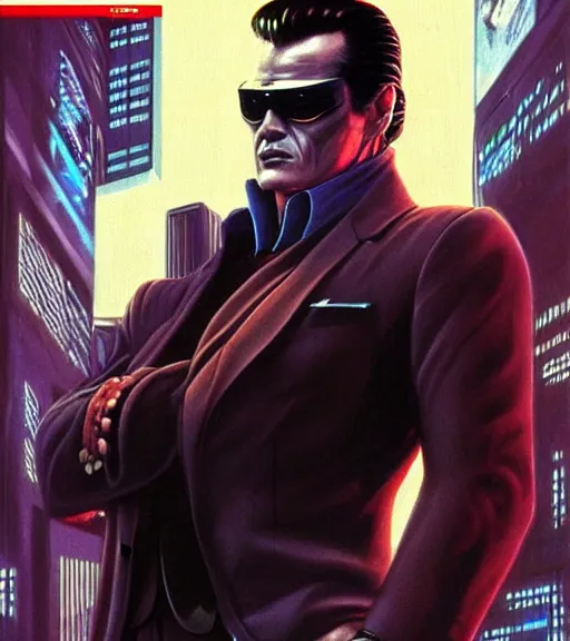 Prompt: a cyberpunk very ugly looking mafia boss in a suit with slicked back black hair played by marlon brando staring at the camera, 1 9 7 9 omni magazine cover, style by vincent di fate, artgerm, very coherent, detailed, 4 k resolution, dark, unreal engine, daz