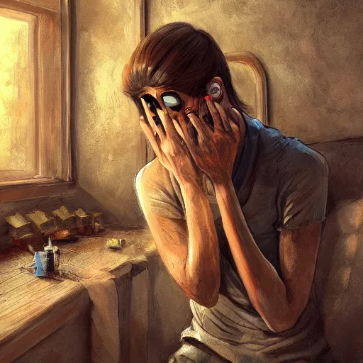 Prompt: artist crying as a robot paints a magnificent picture, high resolution, highly detailed, digital art, artstation