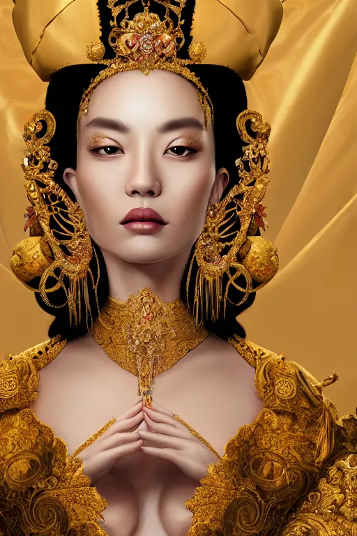 Image similar to a beautiful empress portrait, with a brilliant, impossible striking shiny big gold headpiece, gold clothes, rococo, baroque, jewels, asian, realistic, closeup, D&D, fantasy, intricate, elegant, highly detailed, digital painting, artstation, octane render, 8k, concept art, matte, sharp focus, illustration, art by Artgerm and Greg Rutkowski and Alphonse Mucha