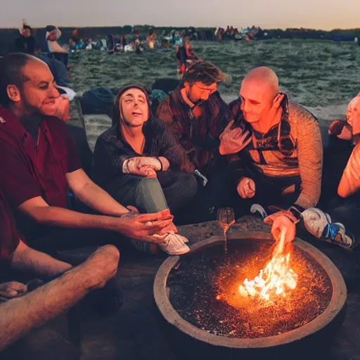 Prompt: photograph of people bonding around a firecircle, kismet