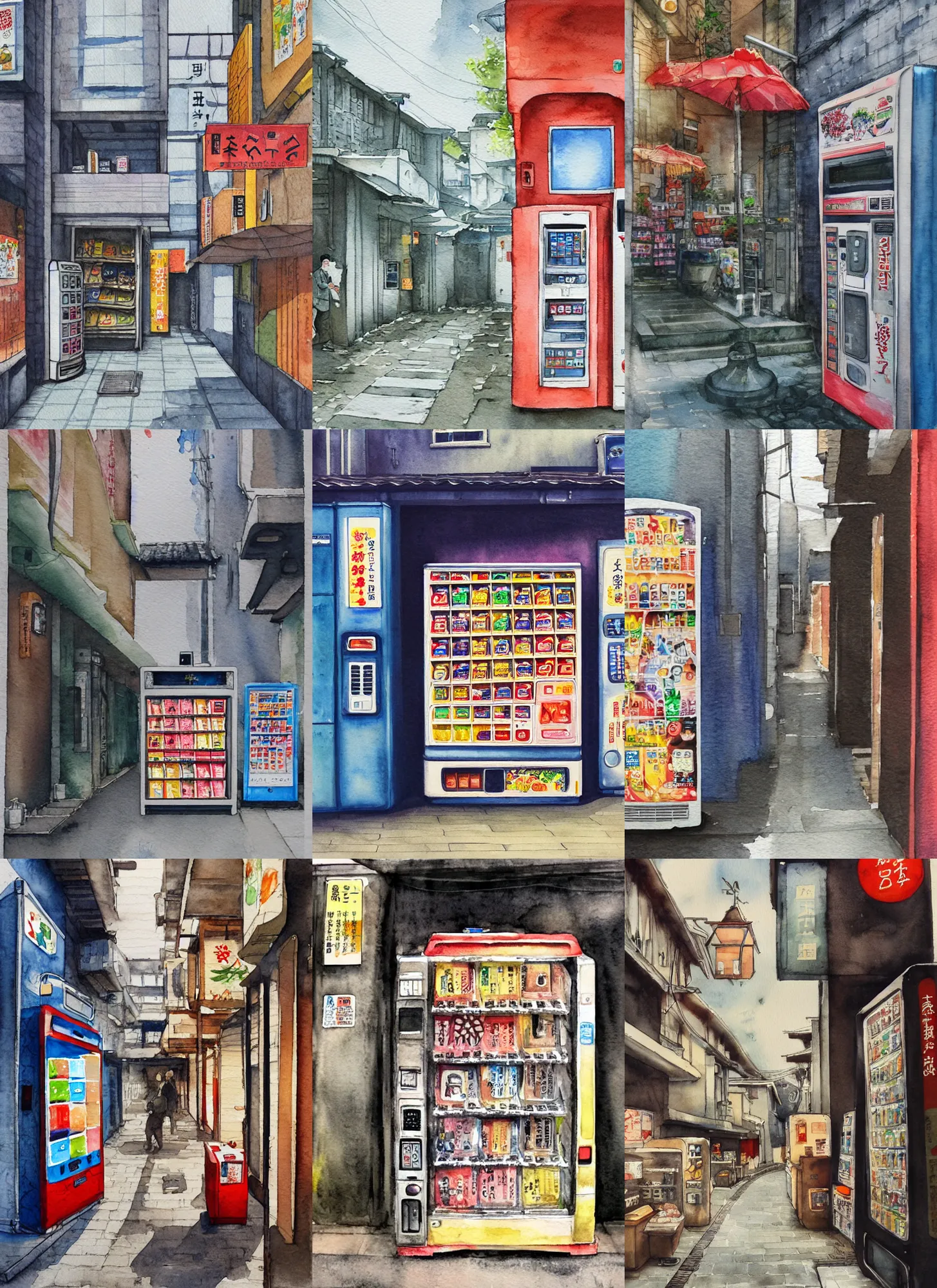 Prompt: beautiful watercolor painting of japanese alleyway with vending machine, by mateusz urbanowicz