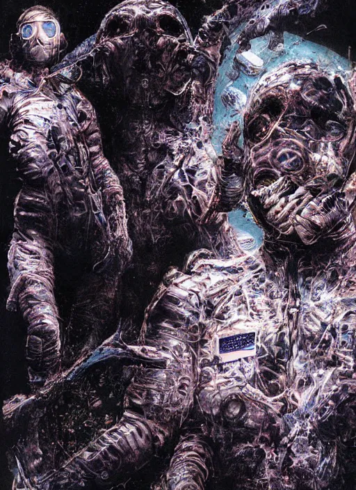 Image similar to astronauts divers in dark void underwater - complex and hyperdetailed technical suit design. reflection and dispersion materials. rays and dispersion of light. volumetric light. f / 3 2. noise film photo. flash photography. ultra realistic, 5 0 mm. poster by wayne barlowe, hajime sorayama aaron horkey, craig mullins