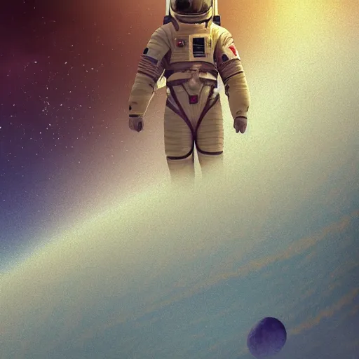 Image similar to epic portrait an space astronaut flying away from an desert world, blurry backround, pyramids, sandstorm, side profile, digital painting, artstation, concept art, soft light, hdri, smooth, sharp focus, illustration, fantasy, intricate, elegant, highly detailed, D&D, matte painting, in the style of Greg Rutkowski and Alphonse Mucha and artemisia, 8k, highly detailed, jurgens, rutkowski, bouguereau, pastoral, rustic, georgic