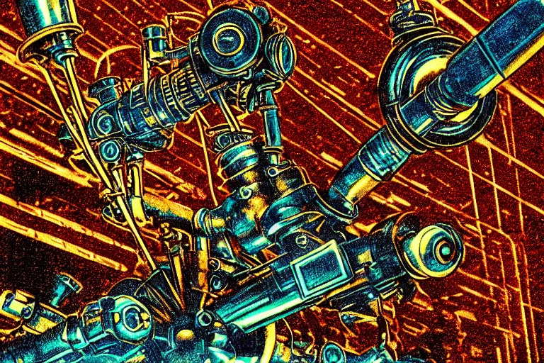 Image similar to steampunk machines!, in the style of john avon and derek riggs and eva widermann, trending on artstation, halfrear lighting closeup view anaglyph filter, bokeh, anime, colored pencil art, belle epoque