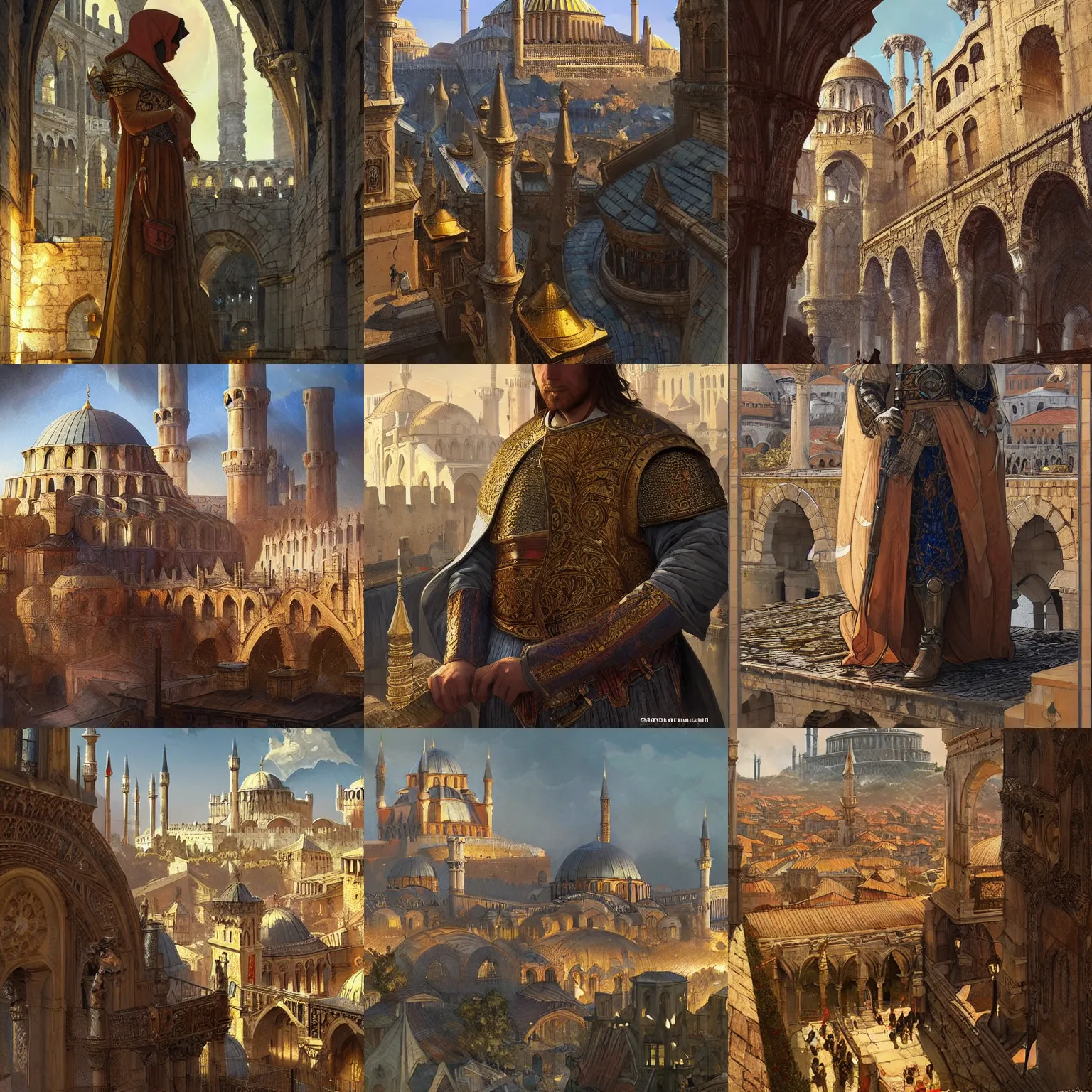 Prompt: medieval constantinople, highly detailed, digital painting, artstation, concept art, sharp focus, illustration, art by artgerm and greg rutkowski and alphonse mucha