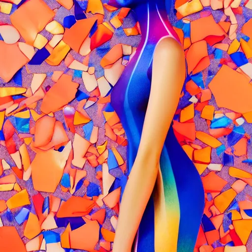 Prompt: beautiful model girl body art fabric skin dress with colouful plastic bag skin and glass shards style of jonathan zawada, thisset colours simple background gradient objective light orange and blue amber colours