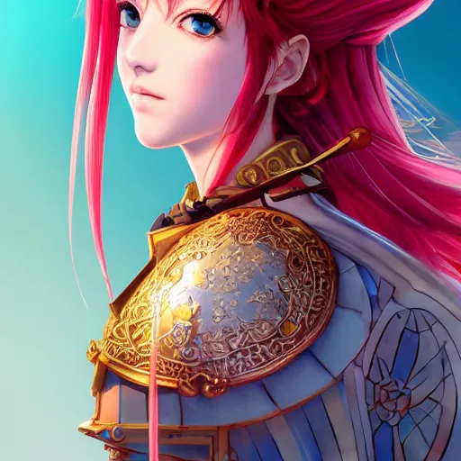 Image similar to a red haired female knight as an absurdly beautiful, elegant, young sensual anime girl, blue background, ultrafine hyperrealistic detailed face illustration by kim jung gi, irakli nadar, intricate linework, sharp focus, bright colors, matte, octopath traveler, final fantasy, unreal engine highly rendered, global illumination, radiant light, intricate environment