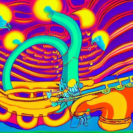 Image similar to Lisa Simpson falling into a giant saxophone, psychedelic art, uhd, matte painting