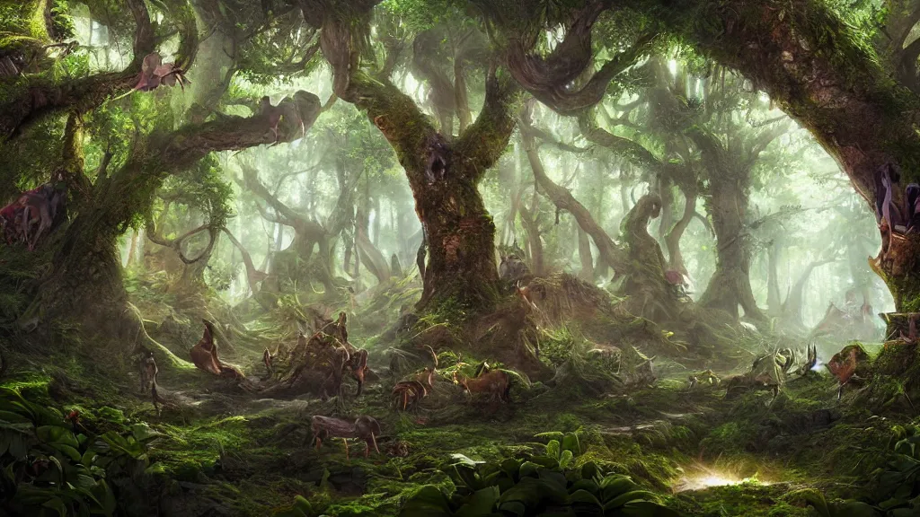 Prompt: a beautiful forest, full of fantasy creatures, volumetric lighting, jubilant blissful atmosphere, photorealistic, hyperdetailed 3d matte painting, hyperrealism, vibrant fantasy style