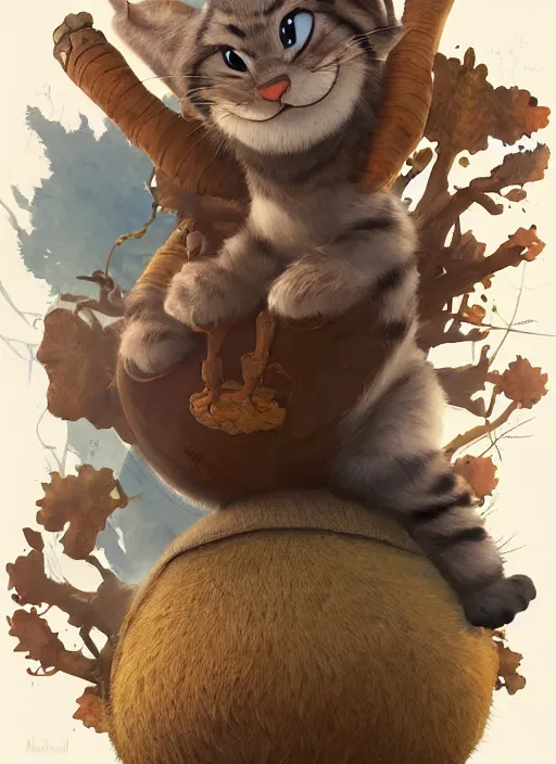 Prompt: round antropomorphic acorn and cat in world adventure movie by nuri iyem, james gurney, james jean, greg rutkowski, anato finnstark. pixar. hyper detailed, 5 0 mm, award winning photography, perfect faces