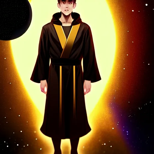 Image similar to a man with with brown hair, wearing a black robe with the tips made of gold, setting in space with a galaxy in the backround, depth of field, on amino, by sakimichan patreon, wlop, weibo high quality art on artstation