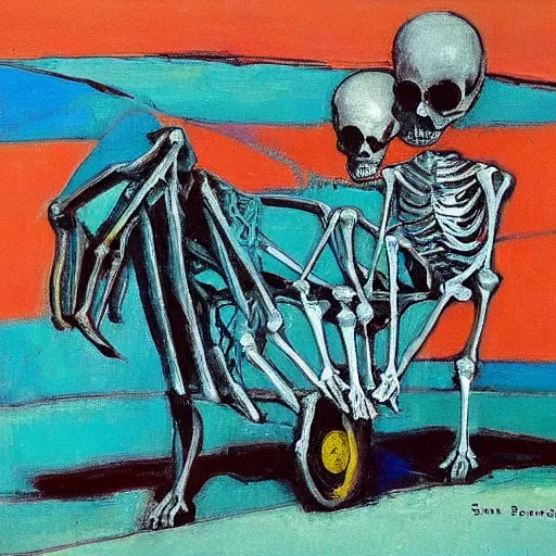 Prompt: The body art features a human figure driving a chariot. The figure is skeletal and frail, with a large head and eyes. The chariot is pulled by two animals, which are also skeletal and frail. turquoise by Sean Scully, by Arthur Streeton melancholic, colorful