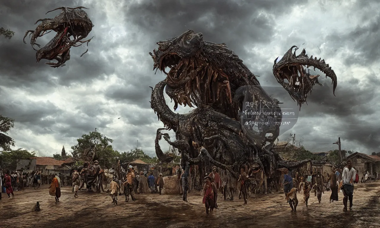 Image similar to on the street of Jamestown in Santa Elena in 1815 a gigantic monster that looks like a mixture of monk-fish with crocodile limbs, wet and slimy, with a very large mouth, dragging its enormous weight with effort on the street, there are some people fleeing in terror, photo-realistic, stormy sky, photo by national geographical