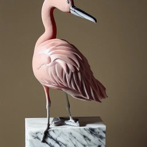 Image similar to a marble statue of a flamingo painted in a rose pink shade, close-ups, varying angles, warm lighting,