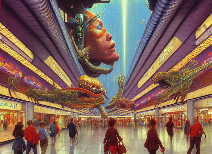 Image similar to detailed intricate portrait of futuristic shopping mall, sharp focus, art by artgerm, bob eggleton, michael whelan, stephen hickman, richard corben, wayne barlowe beautiful psychedelic dmt lighting, hyper detailed, 8 k, oil on canvas 8 k