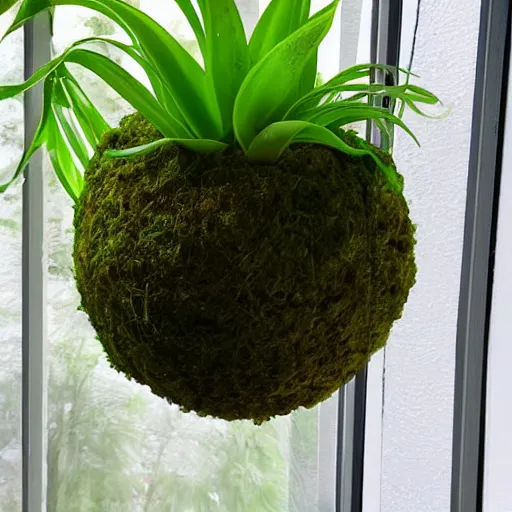 Prompt: photo of kokedama moss ball planter by window