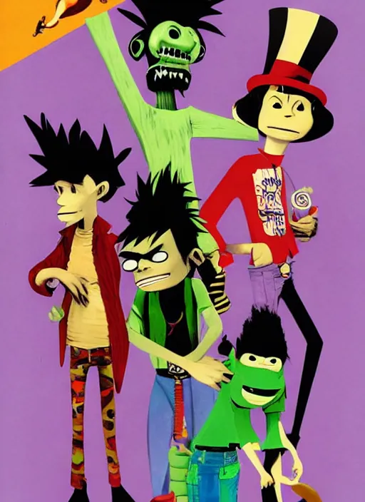 Image similar to gorillaz, official art by jamie hewlett, press shot, phase 2, four characters