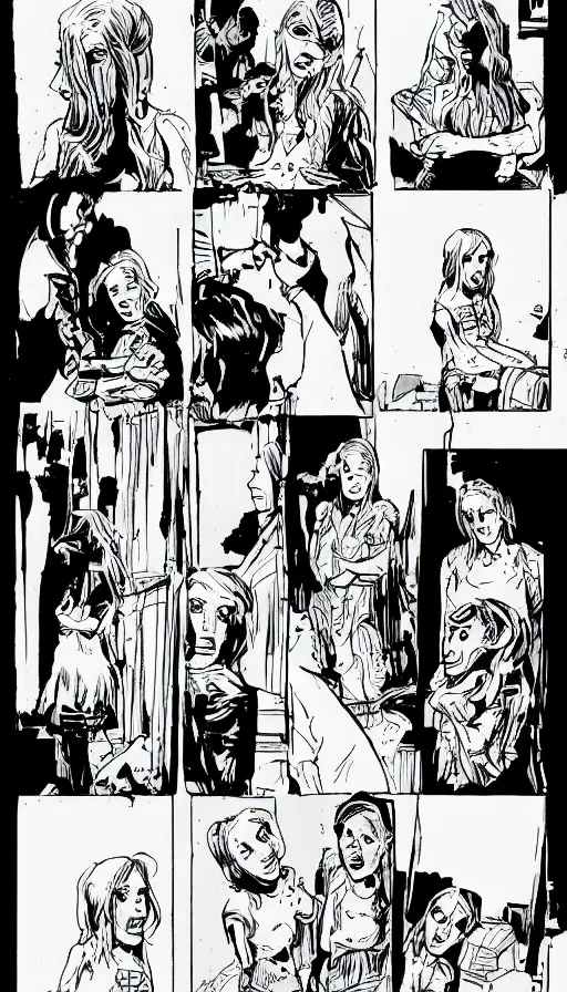 Prompt: multi - panel page from a highly detailed horror comic. young woman talking with a horrifying creature in her adjustment. terror. ink.