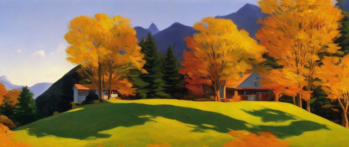 Image similar to an alpine landscape with a cottage, dense trees, fall, by edward hopper, new artstation artist,