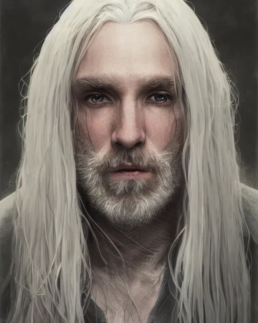 Image similar to portrait of 4 0 - year - old man with long white hair with a pale complexion, malfoy lucius, clear face, pointed face and grey eyes, hyper realistic face, beautiful eyes, fantasy art, in the style of greg rutkowski, intricate, alphonse mucha, hyper detailed, smooth