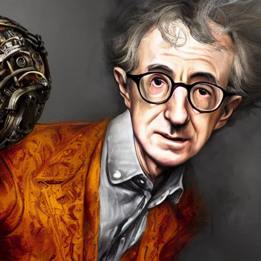 Prompt: portrait of woody allen, headshot, insanely nice hair style, dramatic hair color, digital painting, of a old 17th century, old cyborg merchant, amber jewels, baroque, ornate clothing, scifi, realistic, hyperdetailed, chiaroscuro, concept art, art by Franz Hals and Jon Foster and Ayami Kojima and Amano and Karol Bak,