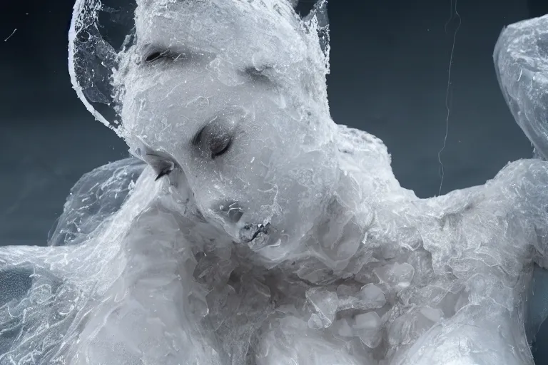 Prompt: a beautiful woman made out of snow and ice sitting by a campfire and slowly melting, by iris van herpen, unreal engine 5
