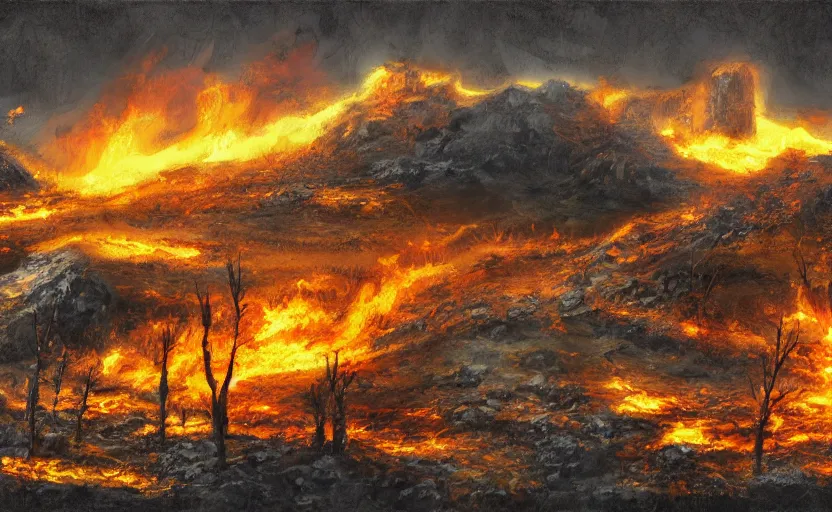 Prompt: post apocalyptic landscape in fire in digital art oil canvas