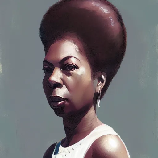 Image similar to of an ultradetailed beautiful portrait panting of nina simone, front view, oil painting, by ilya kuvshinov, greg rutkowski and makoto shinkai