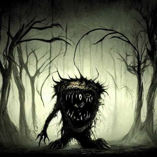 Image similar to monster in creepy scary nightmare atmosphere, realsitic