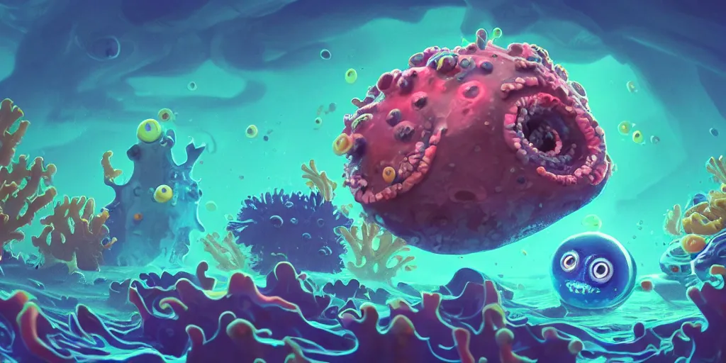 Image similar to of a colorful cloudy deep sea under water with strange cute friendly happy creatures with huge eyes, mouth, long tongue and round teeth appearing from sandy coral, in the style of gehry and gaudi, macro lens, shallow depth of field, highly detailed, digital painting, trending artstation, concept art, illustration, cinematic lighting, photorealism, epic, octane render