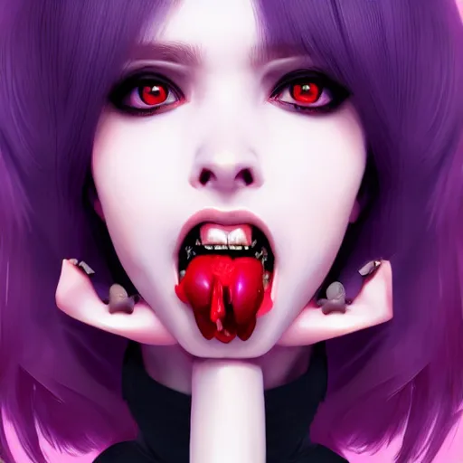 Prompt: pouty lips of vampire woman holding a bullet her teeth. purple gloss by ilya kuvshinov, rossdraws global illumination anime, digital art rococo