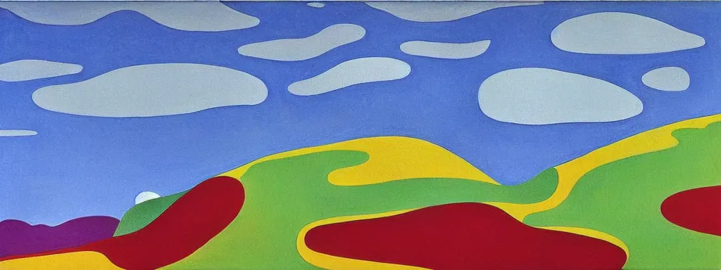 Image similar to Psychedelic sci-fi dreamworld. Landscape painting. Organic. Winding rushing water. Waves. Clouds. Landscape by Alex Katz. Wayne Thiebaud. Paul Klee