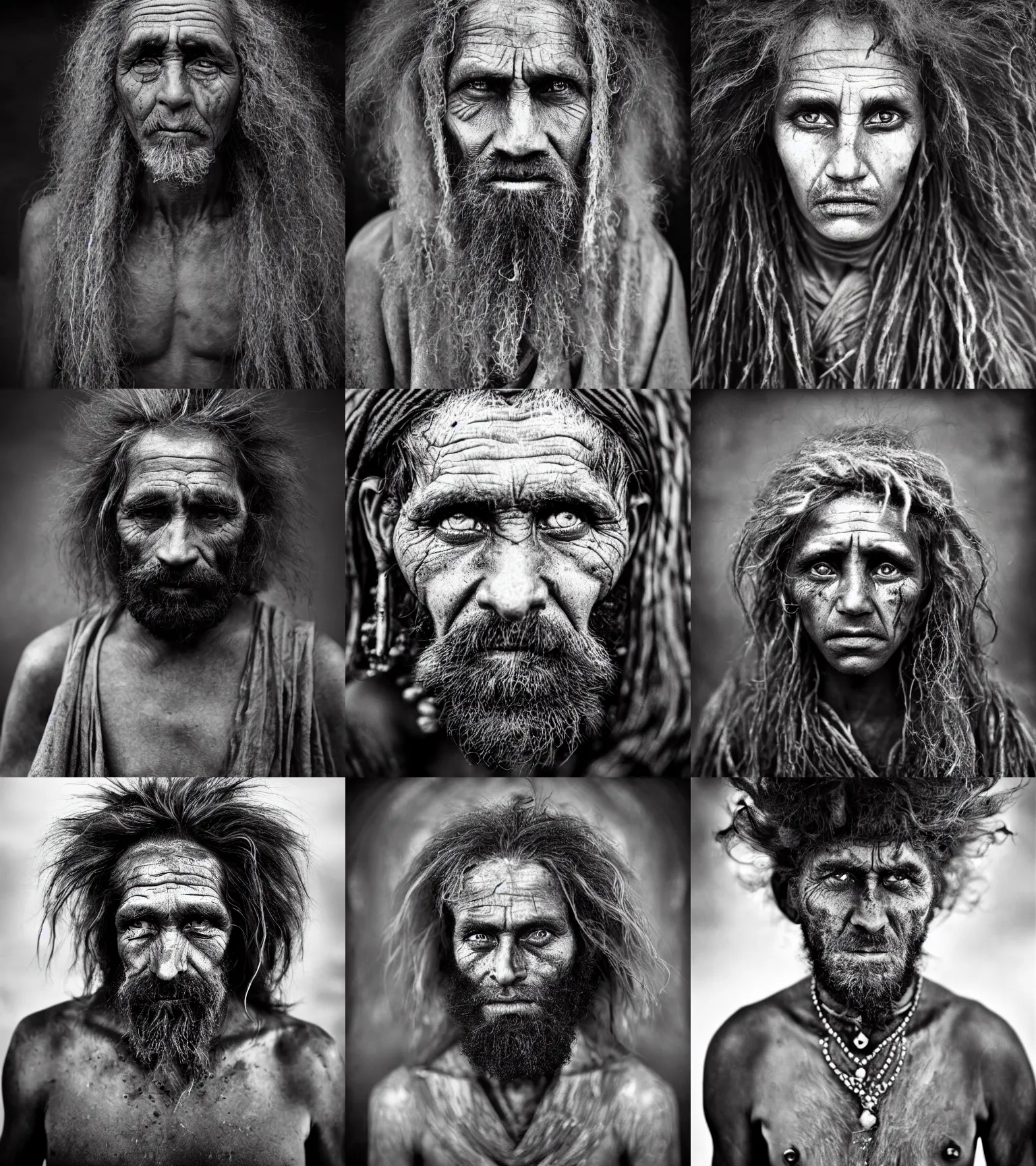 Prompt: Award winning reportage photo of Cavepersons with incredible hair and beautiful hyper-detailed eyes wearing traditional garb by Lee Jeffries, 85mm ND 5, perfect lighting, gelatin silver process