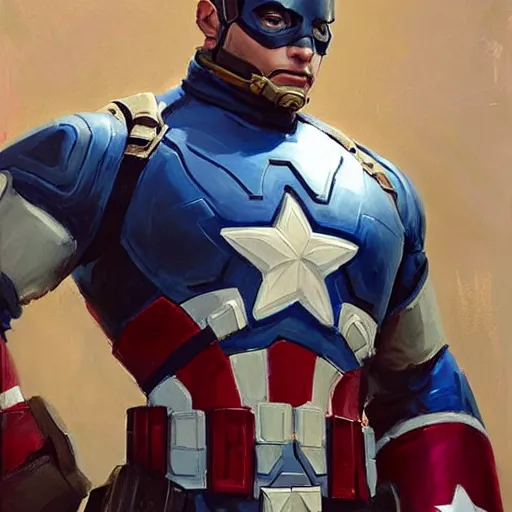 Image similar to greg manchess portrait painting of heavily armored captain america as overwatch character, totally whack, medium shot, asymmetrical, profile picture, organic painting, sunny day, matte painting, bold shapes, hard edges, street art, trending on artstation, by huang guangjian and gil elvgren and sachin teng