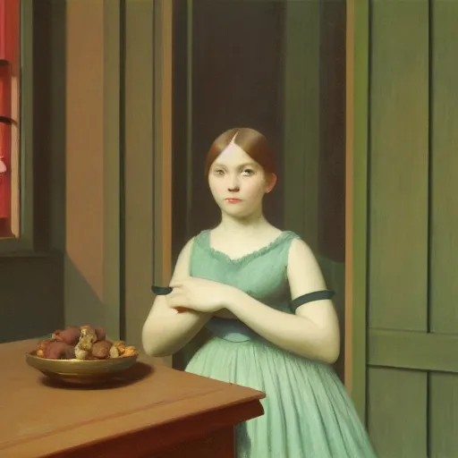 Prompt: a beautiful young girl in front a intricate wallpaper, daguerreotype by edward hopper, by henri rousseau, by Bosch, art noveau, highly detailed, strong lights, liminal, eerie, Bright pastel colors, octane render, 8k,