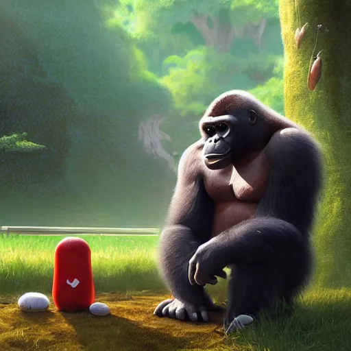 Image similar to a wholesome animation key shot of a gorilla holding a very small red mushroom, chilled out smirk on face, listening to music, jeep in background, studio ghibli, pixar and disney animation, sharp, rendered in unreal engine 5, anime key art by greg rutkowski, bloom, dramatic lighting