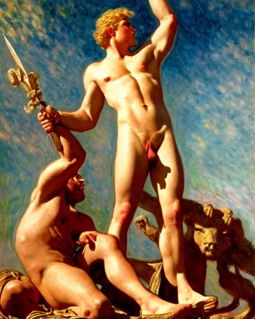 Image similar to heroic alexander the great stands upon the mighty and fallen achilles, he is victorious and gleeful, painting by tom of finland, gaston bussiere, craig mullins, j. c. leyendecker, claude monet