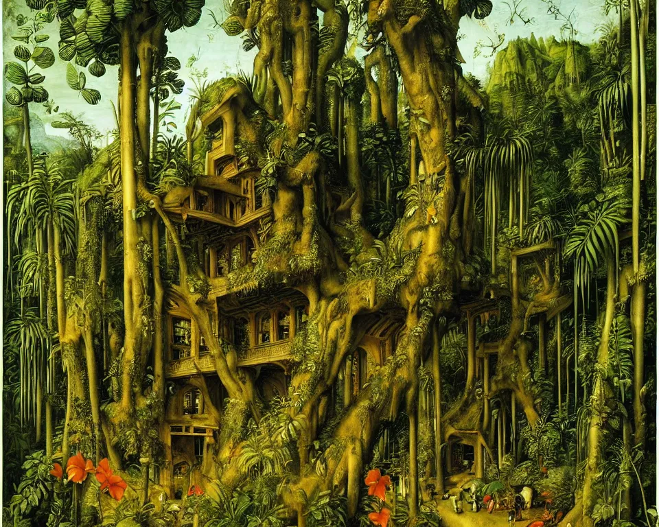 Prompt: a law library in the rainforest by albrecht altdorfer. hyperdetailed, proportional, romantic, enchanting, achingly beautiful, graphic print, trending on artstation, jungle, tropical, foliage