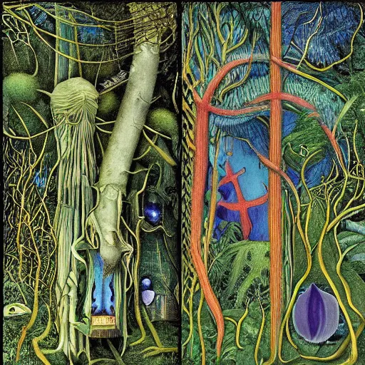 Prompt: a highly detailed album cover : a dense forest by bosch, by giger, by beardsley, lush greenery and electricity coming down to treetop transformers from storm clouds in a vivid blue sky, psychedelic color scheme